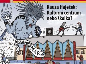 Titulní strana tištěného občasníku Budějcké Drbny s karikaturou Háječku