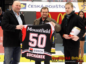 Dres k 50. narozeninám dostal od Mountfieldu dlouholetý budějcký hráč a místní patriot Rudolf Suchánek (vlevo)