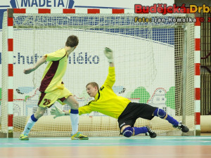Brankář Absolut Teamu Kříž zasahuje proti střele Marné Snahy