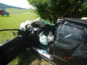 Peugeot 206 po nárazu do stromu u Nesměně