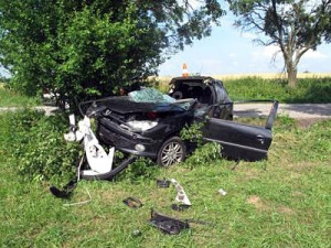 Peugeot 206 po nárazu do stromu u Nesměně