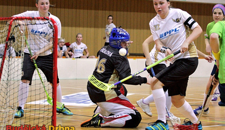 Jeden ze závarů před budějckou svatyní. Míček letí kolem gólmanky Kristýny Petržalové, vpravo kapitánka Barbora Skálová