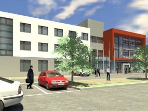 Vizualizace Jihočeského vědeckotechnického parku po výstavbě druhé etapy - pohled ze severovýchodu