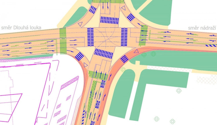 Budoucí podoba křižovatky Mánesova - Lidická s novou organizací dopravy (modře) ve srovnání se stávající (zeleně)