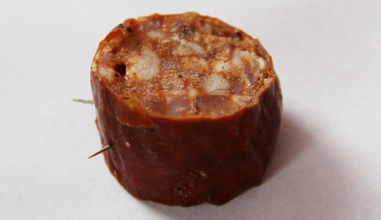 Klobása prošpikovaná špendlíky, kterou našel Petr Lundák před vraty jeho domu