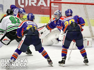 Jeden z těžkých zákroků budějckého gólmana Dominika Halmošiho