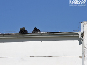 Odstřelovač s pozorovatelem na střeše jednoho z přilehlých objektů