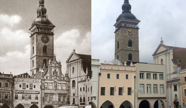 Záložna českobudějovická postavená na rohu náměstí v roce 1908 v novorenesančním stylu na snímku z doby tramvajové. Zbořena byla v roce 1934