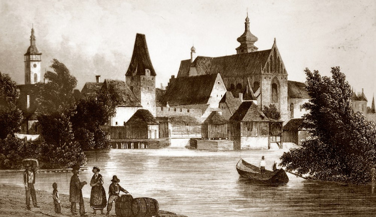 Veduta města od západu s Rybářskou bránou z poloviny 19. století