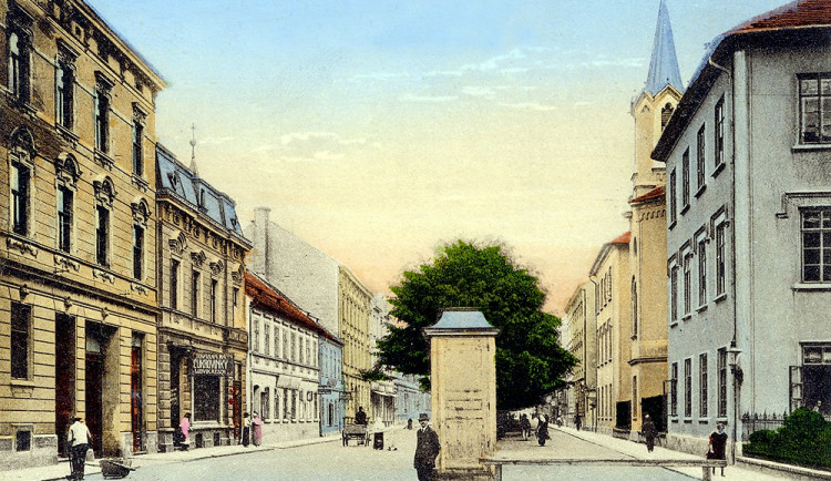 Lannovka v období c. k. od Jeronýmovy ulice směrem k nádraží. Alej uprostřed je tvořena kaštany, které byly odstraněny v roce 1929 poté, co promrzly při rekordních mrazech ve městě (až -42,2°C)