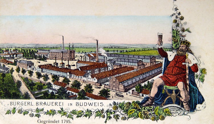 Kreslená pohlednice z přelomu 19. a 20. století upozorňující na výtečné pivo Měšťanského pivovaru na Linecké silnici