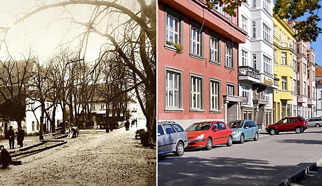 Zátkovo nábřeží po roce 1900 (vlevo) a v současnosti (vpravo) s domovním blokem Savoye.