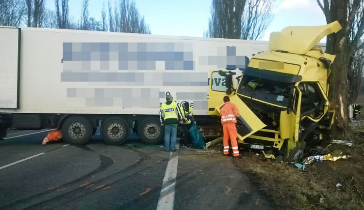 U Přešťovic na hlavním tahu ze Strakonic na Prahu 24. února narazil kamion do stromu.