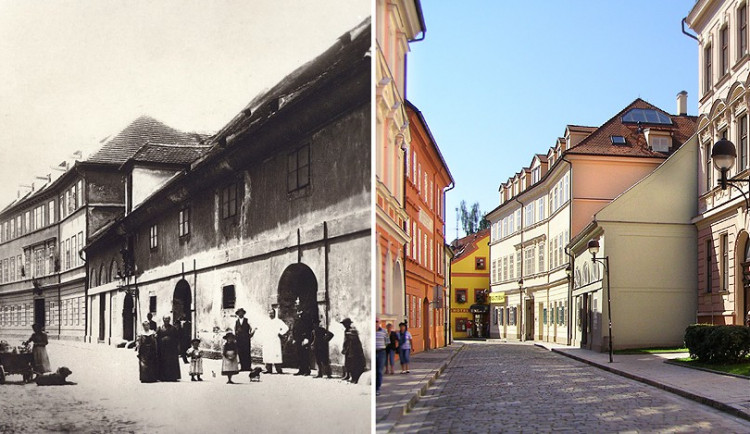 Vlevo solnice v České ulici kolem roku 1900, vpravo gymnázium v České 64.