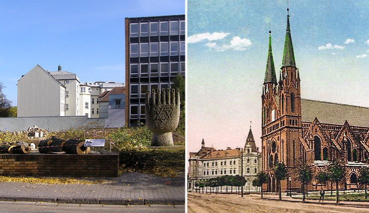 Vlevo Gerstnerova ulice v roce 2013 před stavbou parkovacího domu, vpravo synagoga před rokem 1942.