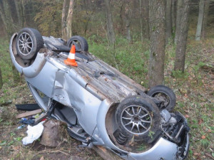 Dopravní nehoda osobního auta na silnici z Netolic do Obory.