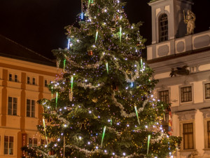 Vánoční strom v Budějcích už září. Jeho slavnostní rozsvícení sledovalo náměstí plné lidí