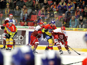 Michal Bárta bojuje o kotouč v blízkosti Danečkovy klece