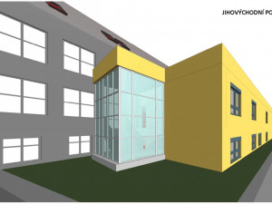 Do dvou let by mělo u stávající budovy ZSF JU v Českých Budějovicích vyrůst Simulační centrum pro zdravotnické obory. Studenti se tu budou učit v místnostech co nejvíce podobných reálnému prostředí. Foto: Vizualizace Zdravotně sociální fakulty JU.