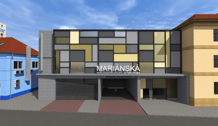 Vizualizace komplexu nového nákupního centra a parkhausu Mariánská v Českých Budějovicích.