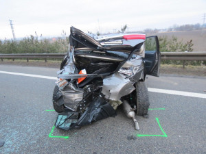 Nehoda na silnici I/34 ve směru jízdy od Lišova na České Budějovice.
