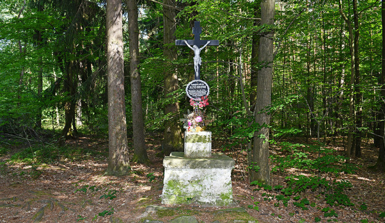 Památný kříž v lese nad Včelnou u Českých Budějovic.