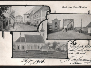 Okénková pohlednice Dolní Vltavice – ulice, železný most přes Vltavu, kostel sv. Linharta.  (Autor neuveden, odesláno 26. 8. 1906, zdroj: sbírka Dr. Otto Spitzenberger)