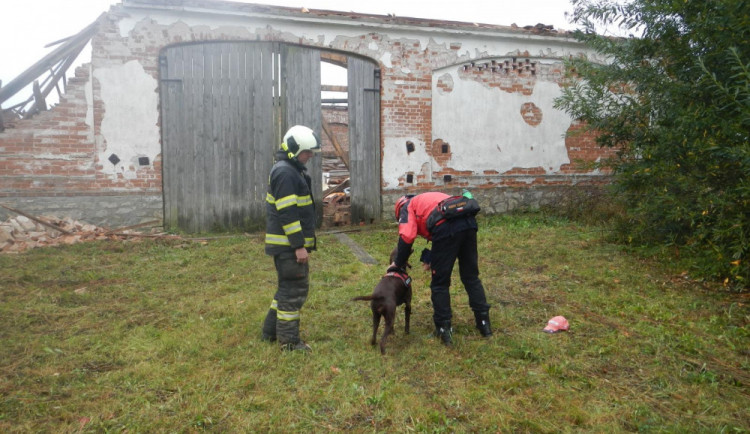 V Údraži na Písecku se zřítila střecha stodoly. Sutiny prohledával cvičený pes