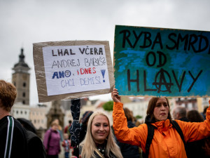 Budějcké náměstí zaplnili lidé. Máme toho dost, adresovali Babišovi