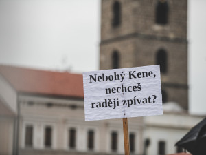 Na náměstí se sešly desítky lidí. Protest proti Babišovi a vládě nepřekazil ani déšť