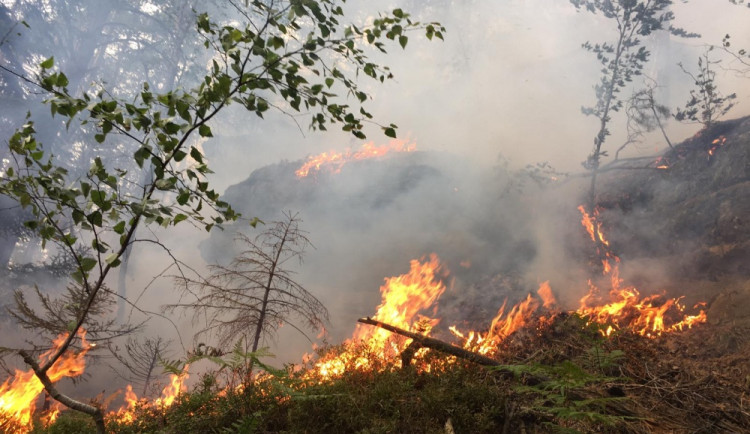 FOTO: U požáru ve skalnatém terénu v Ralsku zasahovalo jedenáct jednotek hasičů