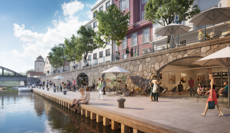 Vizualizace Zátkova nábřeží v centru Českých Budějovic.