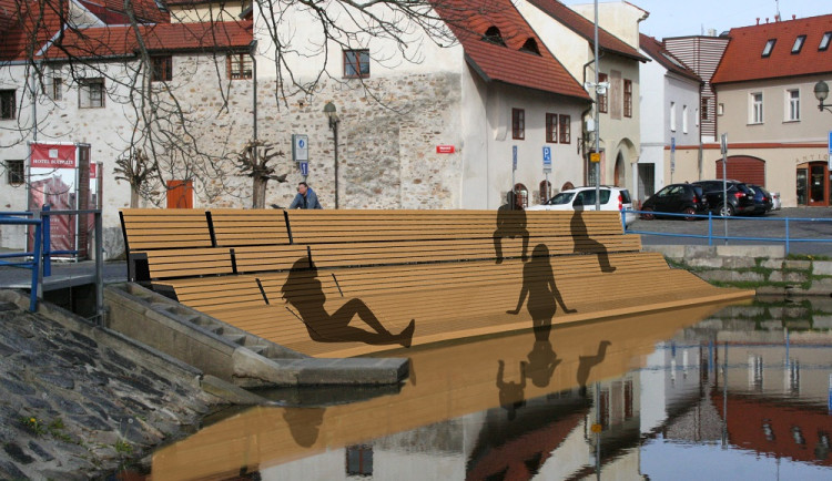 Vizualizace laviček nad vodou v centru Budějovic.