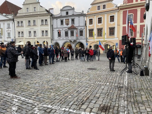 Vrabelova demonstrace v Krumlově přilákala desítky lidí. Zadluženého pořadatele zítra čeká soud