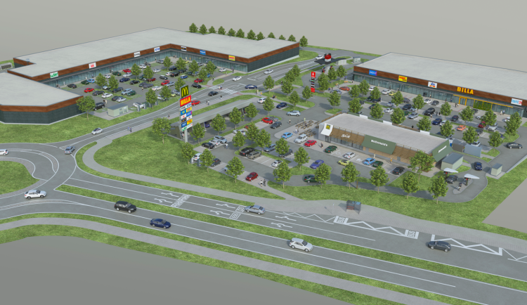 Vizualizace nového retail parku v Hodějovicích u dálnice D3.