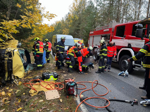 Jednu zraněnou osobu vyprošťovali profi hasiči ze zničeného auta, které havarovalo u Hluboké nad Vltavou.