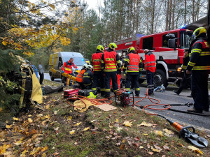 Jednu zraněnou osobu vyprošťovali profi hasiči ze zničeného auta, které havarovalo u Hluboké nad Vltavou.