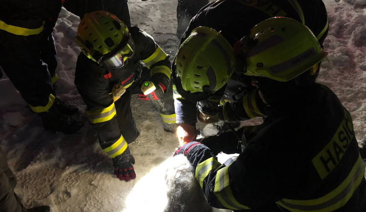 Pes uvízl v půlmetrovém sněhu. Zachránili ho hasiči