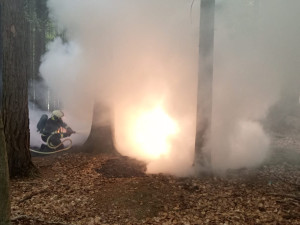 Netradiční zásah nedaleko Studené, jihočeští požárníci v lese hasili hořící Porsche Cayenne