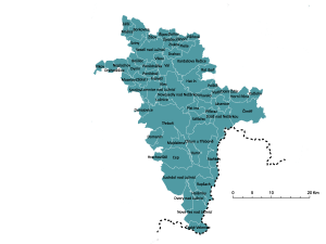 Mapa území Místní akční skupiny Třeboňsko, které zahrnuje 61 obcí Jihočeského kraje.