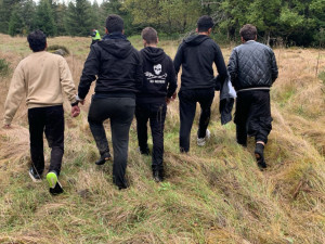 Migranti chtěli přes Šumavu do Německa, cestu jim zablokoval nakladač s dřívím