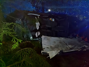 Auto vylétlo ze silnice a skončilo v bažině. Vyprošťování komplikoval přelomený strom