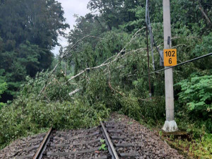 Hasiči na jihu Čech odstraňovali po bouřkách popadané stromy, voda podemlela trať