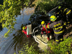 Auto sjelo do rybníka. Hasiči zachránili řidičku i psa