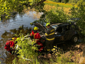 Auto sjelo do rybníka. Hasiči zachránili řidičku i psa