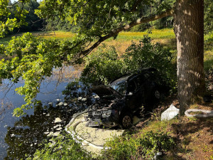 Auto sjelo do rybníka. Hasiči zachránili řidičku i psa