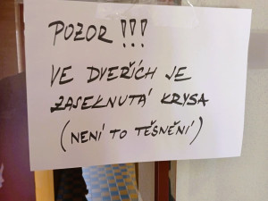 Pozor, ve dveřích je zaseknutá krysa, hlásila cedule. Zasáhnout museli hasiči