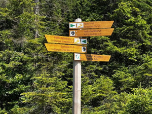 Tento ukazatel nedaleko od jezírka Hirschbachschwelle vás nasměruje na Poledník