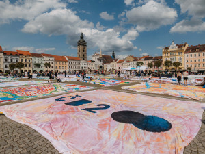 Slavnost Soutok byla zahájena akcí Obraz pro moje město, během níž se na náměstí Přemysla Otakara II. představilo prostřednictvím svých maleb celkem 95 organizací z Českých Budějovic. Foto Pavel Balek