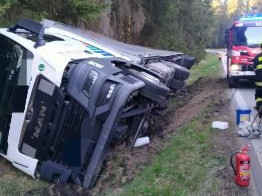 Divočák způsobil nehodu u Volar. Kamion skončil v příkopu, silnice je uzavřená